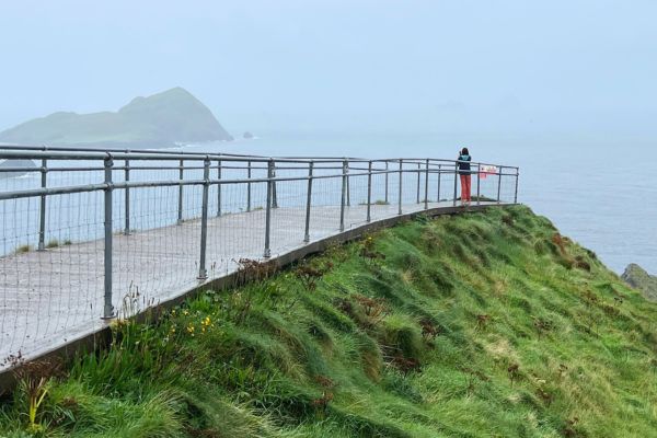 A viewing platform on the Kerry Cliffs overlooking the ocean on a foggy day. The nearby cliffs offer an alternative view of Skellig Michael for those unsure if a full trip to the island is worth it.