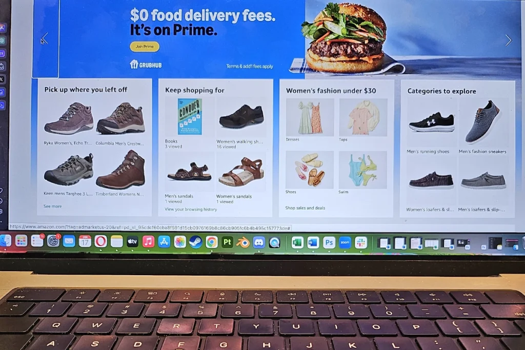 Laptop screen showing Amazon homepage