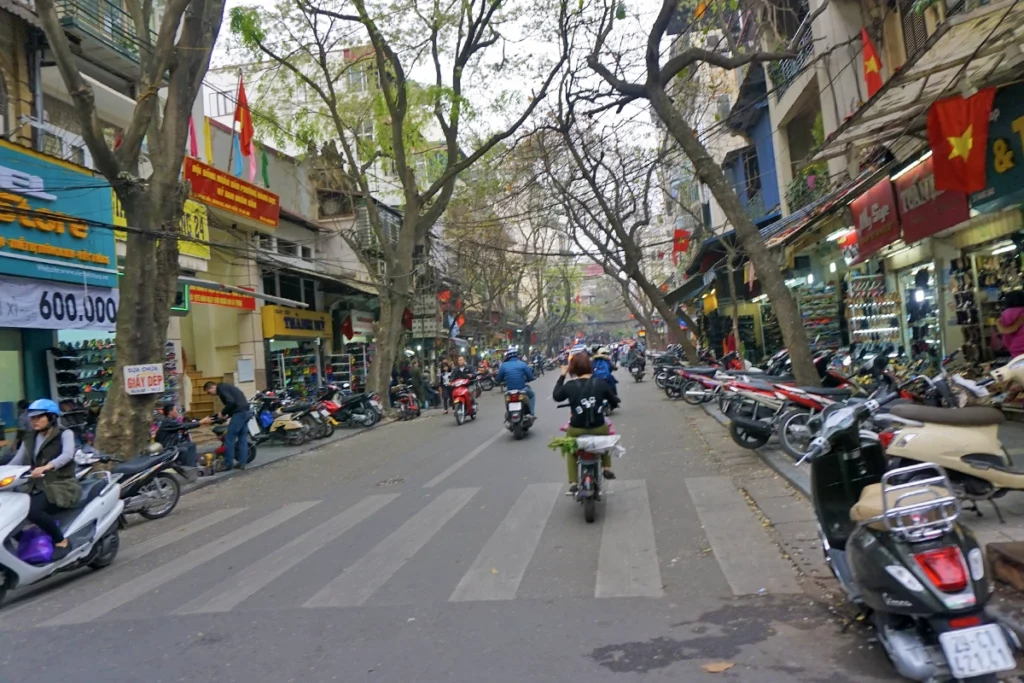 A bustling street in Vietnam filled with motorbikes, pedestrians, and street-side shops selling shoes, clothing, and other goods. Many motorbikes are parked along the sidewalks while others weave through traffic, including a rider carrying a plant on the back of their bike. Vietnamese flags hang from the buildings, and leafless trees line the street, adding to the busy urban atmosphere.