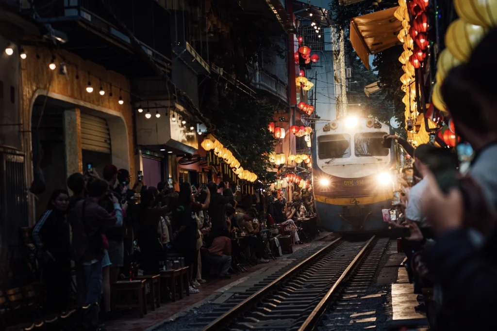 Hanoi train street at night.