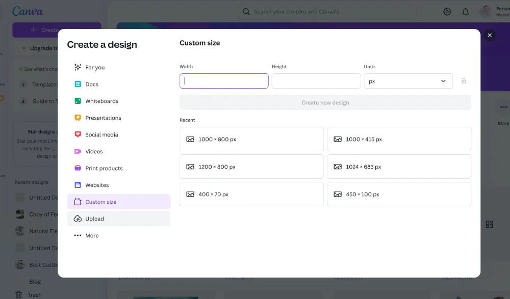 A screenshot of Canva's design interface showing the "Create a Design" window with custom size options. The user can input width, height, and unit measurements with recent size options displayed below for quick access.