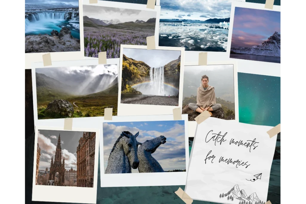 The image is a travel-themed manifestation board with various scenic photographs arranged like Polaroids, taped in a collage style. It includes images of a waterfall with a rainbow, a glacier, a pink-sky mountain, a medieval European city, stone horse sculptures, a person meditating outdoors, and the Northern Lights. A handwritten note reads: "Catch moments for memories," accompanied by a doodle of mountains and a paper airplane. The vision board emphasizes nature, adventure, and mindfulness.