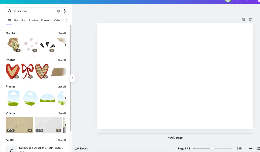 A screenshot of a blank Canva canvas with a "scrapbook" search in the side panel. Various scrapbook-style graphics, photos, frames, and videos are visible on the left sidebar, ready for use in the design.